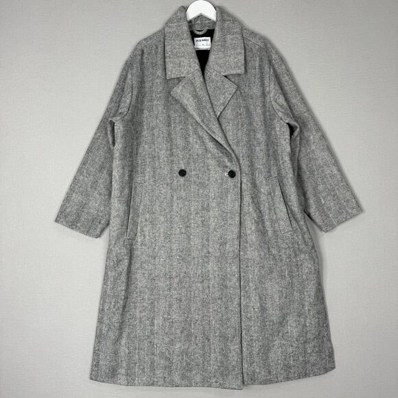 Old Navy Womens Jacket 2X Gray Long Slouchy Double Breasted Coat Old Money Chic